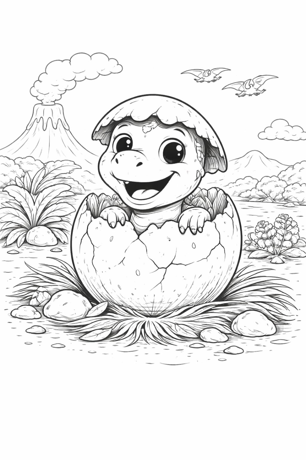 Kleurplaat dinosaurus in ei