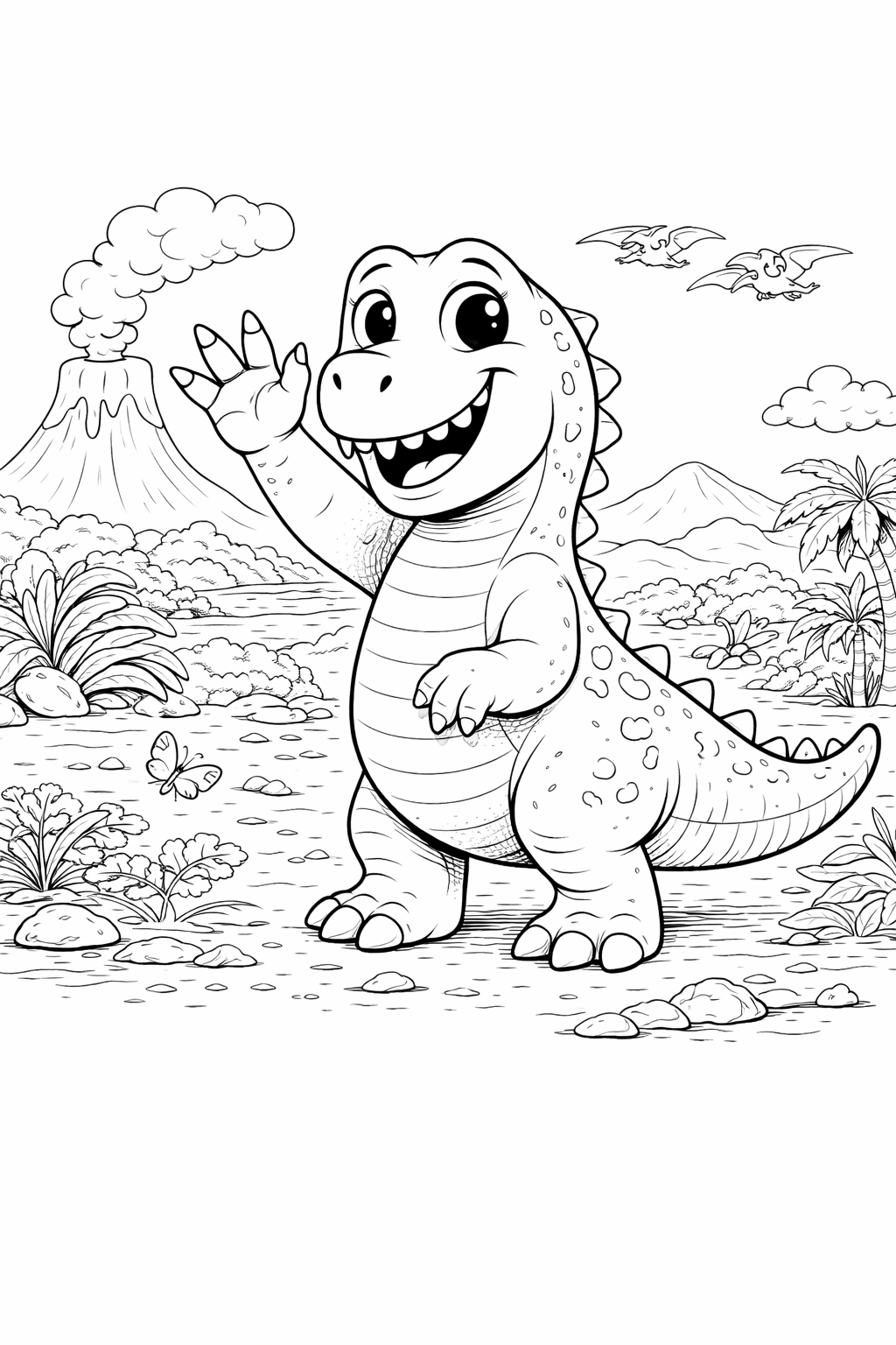 Kleurplaat zwaaiende dinosaurus